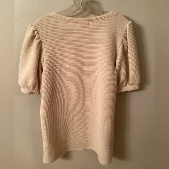 CUPIO SIZE LARGE TAN RIBBED SHORT PUFF SLEEVE LONG LINE TOP - Picture 3 of 8